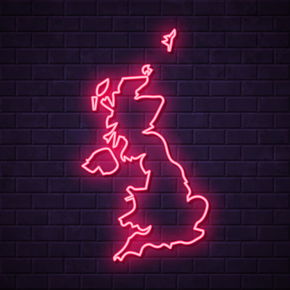 Map of United Kingdom in a realistic neon sign style. The map is created with a pink glowing neon light on a dark brick wall. Modern and trendy illustration with beautiful bright colors. Vector Illustration (EPS10, well layered and grouped). Easy to edit, manipulate, resize or colorize.