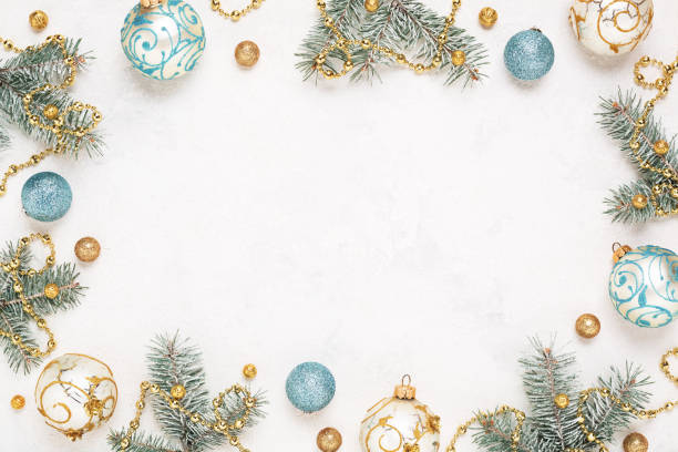 istock Christmas frame on white holiday background with decorations, copy space. 1283869863