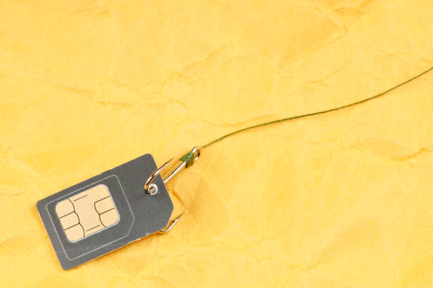 gray sim card hooked on a fishing line - extortionist imagens e fotografias de stock