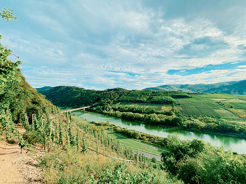View of the river, vineyards and the Moselle Valley from the Calmont Klettersteig Hiking area in Bremm, Rhineland-Palatinate