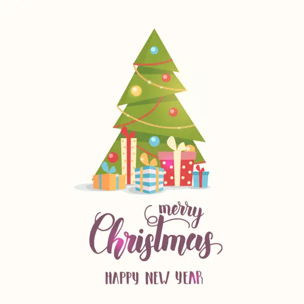 Vector illustration of Decorated X mas tree with gift boxes isolated on white. Flat style illustration. Happy New Year and merry  Christmas. Hand made Lettering