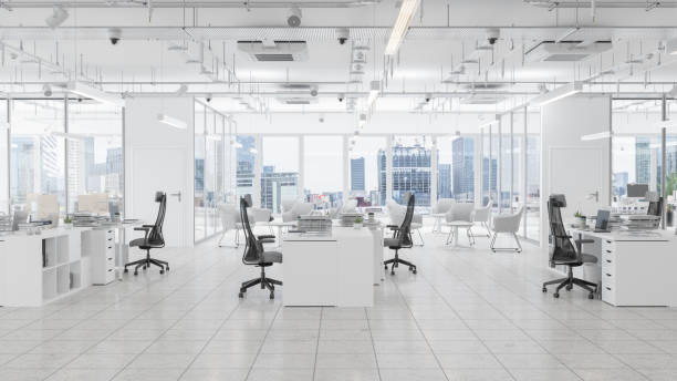 moderní kancelářské prostory s čekárnou, zasedací místností a pozadím panoráma města - kancelář - stock snímky, obrázky a fotky