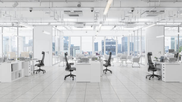 Modern Office Space With Waiting Room, Board Room And Cityscape Background Modern Office Space With Waiting Room, Board Room And Cityscape Background cubicle stock pictures, royalty-free photos & images