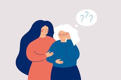 Memory loss concept. Senior woman has a mental disorder or amnesia. Nurse or social worker supports mature female with dementia. Vector illustration