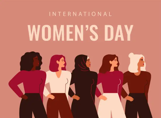 Vector illustration of International Women's Day. Five strong girls of different cultures and ethnicities stand side by side.