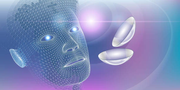 istock Abstract  background with 3d contact lenses eye health and face grid . Medical science banner. Vector illustration. 1283876080