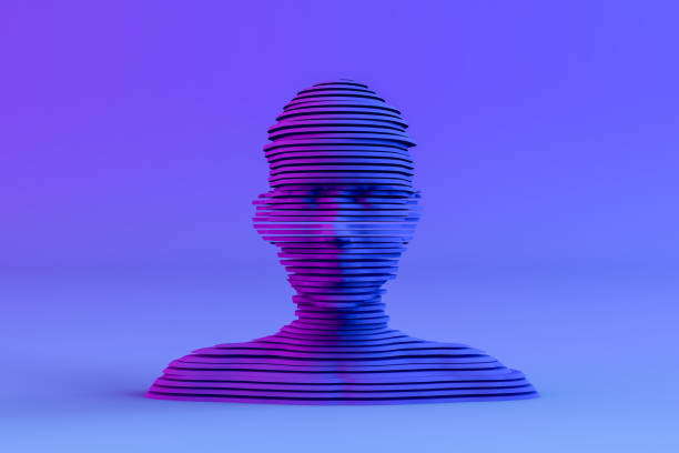3D Layered Shape Cyborg Head on Neon Colored Background 3D rendering Layered, Sliced Shape Cyborg, Artificial Intelligence, Machine learning Concept. sculpture stock pictures, royalty-free photos & images