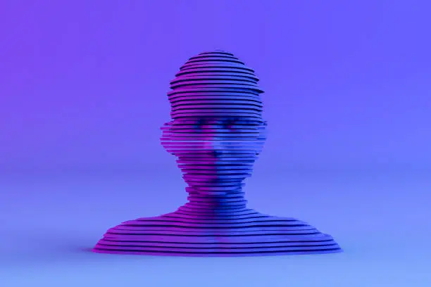 Photo of 3D Layered Shape Cyborg Head on Neon Colored Background