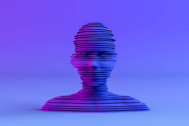 3d layered shape cyborg head on neon colored background - sculpture imagens e fotografias de stock