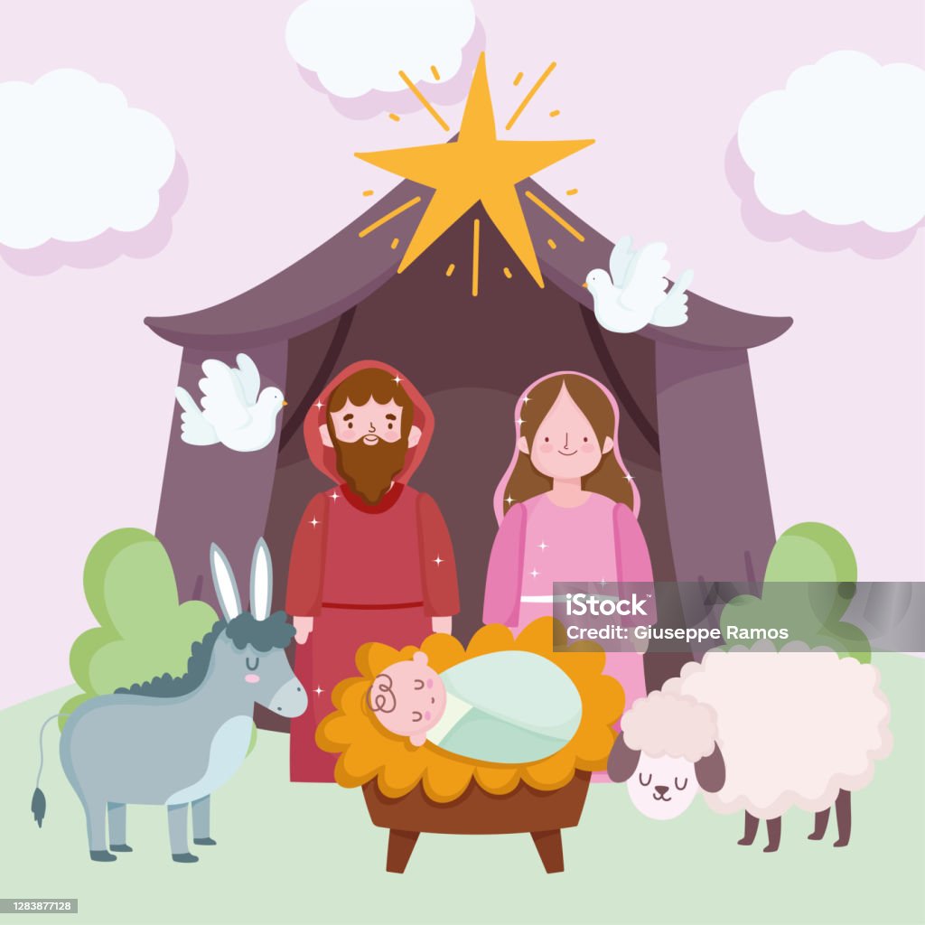 Ilustración de Natividad Pesebre Lindo Familia Sagrada Y Animales En La  Caricatura De La Cabaña y más Vectores Libres de Derechos de Adviento -  iStock
