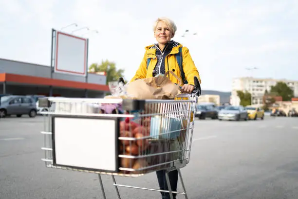 Smily woman coming back from grocery with a full shopping cart