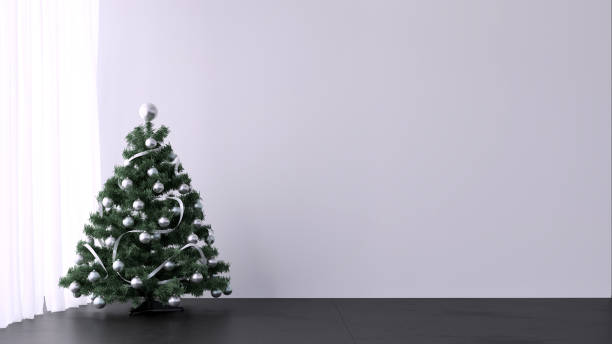 istock decorated christmas tree in empty white room, 3D background illustration concept 1283879566