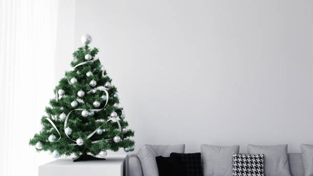 istock White living room interior with decorated christmas tree, 3D illustration mockup background concept 1283879632