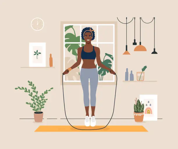 Vector illustration of Young african american woman jumps skipping rope. Black female character playing sport at home or studio. Concept woman, person indoor fitness activities. Trendy flat vector illustration.
