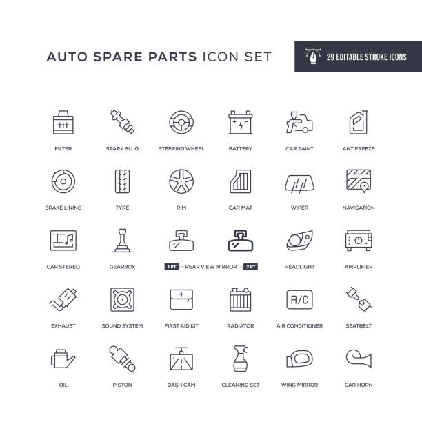 ilustrações de stock, clip art, desenhos animados e ícones de auto spare parts editable stroke line icons - car dealership audio