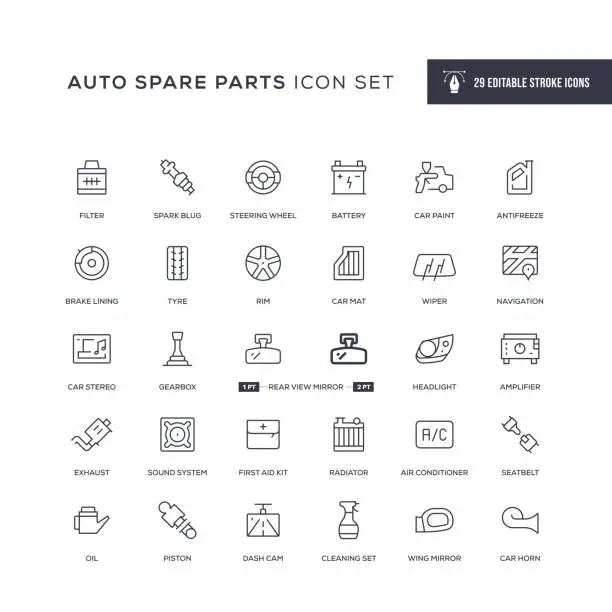 Vector illustration of Auto Spare Parts Editable Stroke Line Icons