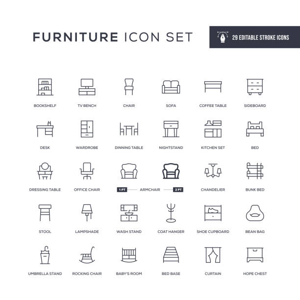 Furniture Editable Stroke Line Icons 29 Furniture Icons - Furniture icon set is prepared by creating the icons of the most common "Furniture" categories on the web. This icon set can be used on e-commerce web pages, web apps, mobil apps, print works, and other related platforms. - Editable Stroke - Easy to edit and customize - You can easily customize the stroke weight bean bag illustrations stock illustrations