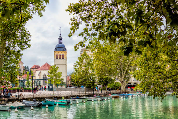 Lake Annecy, France A view of the Lake at Annecy, France, with a bridge over the river. There are swans and moored boats in the midground and overhanging branches from trees framing the scene. swan at dawn stock pictures, royalty-free photos & images