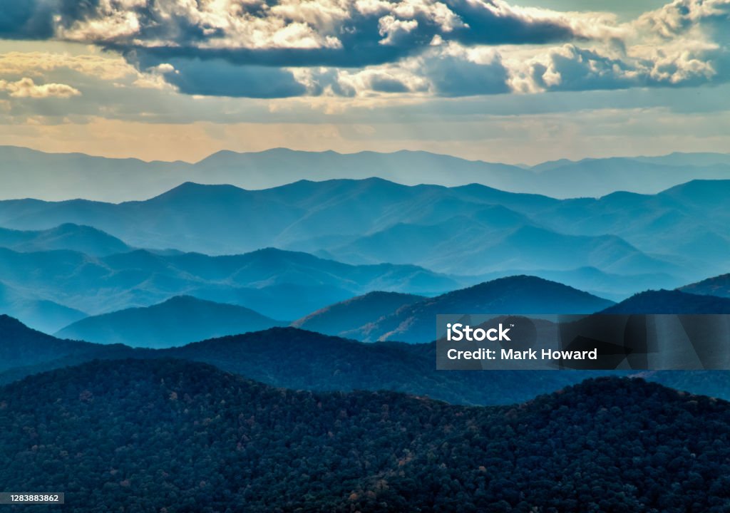 Blue Ridge Parkway mountain Landscape A beautiful landscape of the famous Blue Ridge Parkway mountain peaks in high definition. Relaxation Stock Photo