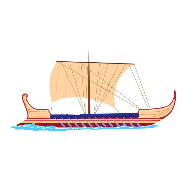 Vintage ship, transport ark roman, ship sea, wooden sail antique, isolated on white, design, flat style vector illustration. Vintage ship, transport ark roman, ship sea, wooden sail antique, isolated on white, design, flat style vector illustration. Ancient boat, medieval warship, egyptian scythian, old sailing history. phoenician stock illustrations