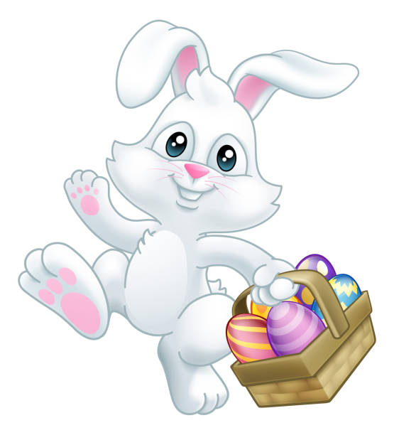 Easter Bunny Rabbit Eggs Basket Cartoon Easter bunny rabbit cartoon character holding a basket full of painted Easter eggs rabits stock illustrations