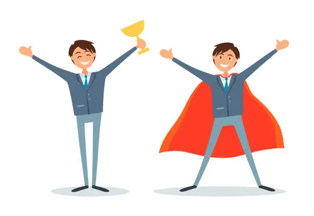 Vector illustration of Man Holding Prize Cup and Business Superman Boss