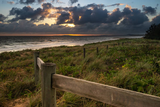 嵐が地平線上で醸造している間の日の出 - beach sunset sand wood ストックフォトと画像