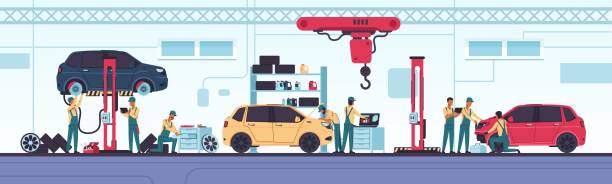 auto-service. auto-reparatur-szenen mit arbeitern und ausrüstung. fahrzeugdiagnose und mechanikerwerkstatt. ersatzteile ersetzen, tuning und ölwechsel. vector automobilzentrum konzept - industrial equipment illustrations stock-grafiken, -clipart, -cartoons und -symbole