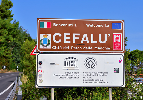 road sign for the start of the town of the famous Sicilian village is also part of the circuit of the most beautiful Italian villages Sep 25 2020 Cefalù Italy