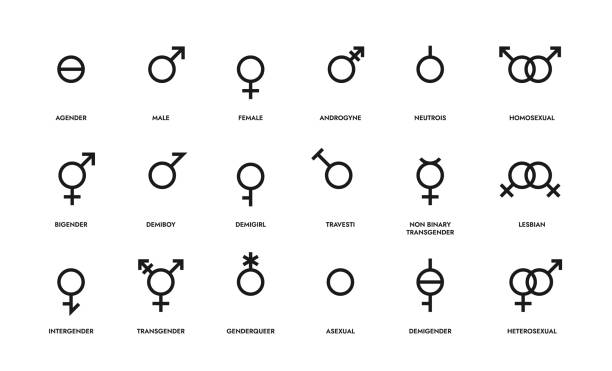 Gender line icons. Sex identity emblems. Sexual orientation sign. LGBT symbols of hetero and homo couples and female, male or asexual people. Vector discrimination or tolerance mark set Gender line icons. Sexual orientation sign. LGBT symbols of hetero and homo couples, female, male or unisex, asexual people. Contour sex identity emblems. Vector discrimination or tolerance mark set gender symbol stock illustrations