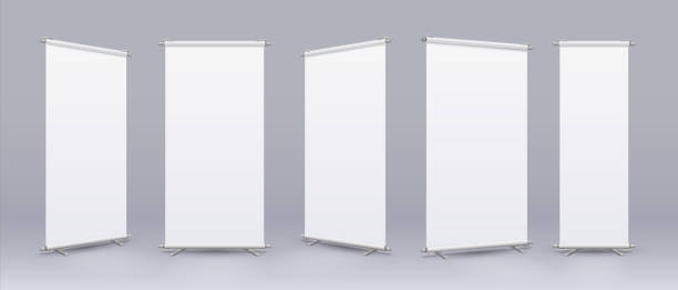 Blank roll banner. Realistic empty billboard with place for text and logo, rollup stand mockup. Information display and store advertising template. Vector vertical isolated placard set Blank roll banner. Realistic rollup stand mockup, empty billboard with place for text and logo, collection of information display and store advertising template. Vector vertical isolated placard set chin ups stock illustrations