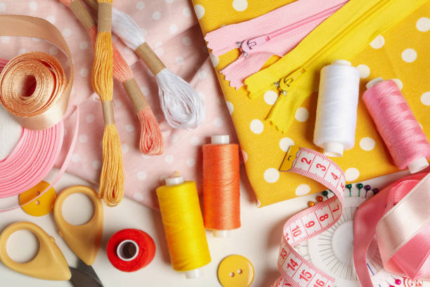 istock Sewing supplies on white background, top view 1283888978