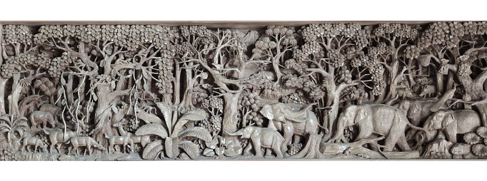 close-up handmade attractive wooden sculpture of elephant family, home decoration souvenir from forest isolated