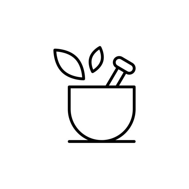 illustrations, cliparts, dessins animés et icônes de mortier linéaire pour icône à base de plantes - ayurveda