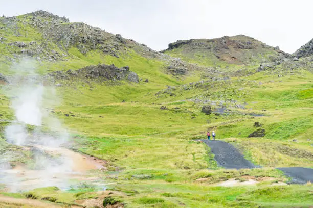 Reykjadalur, Iceland Hveragerdi Hot Springs road footpath with steam during autumn summer landscape morning day in golden circle with people on hiking trail