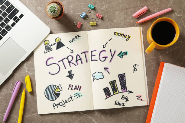 istock Concept of business strategy on gray table, top view 1283890287