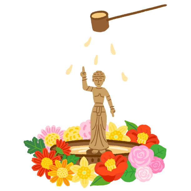 buddha für das blumenfest dekoriert - blütenfest zum geburtstag buddhas stock-grafiken, -clipart, -cartoons und -symbole