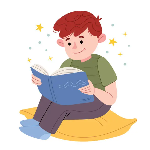 Vector illustration of A little boy is sitting on a pillow and reading a book.