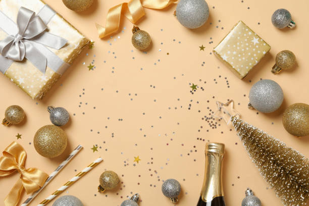 istock Happy New year accessories on beige background, space for text 1283892915