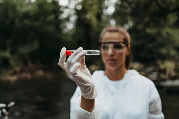 Water quality checking Female scientist and biologist researching possibilities for bacteria and virus spreading through natural flowing supplies of drinking water. ecologist stock pictures, royalty-free photos & images