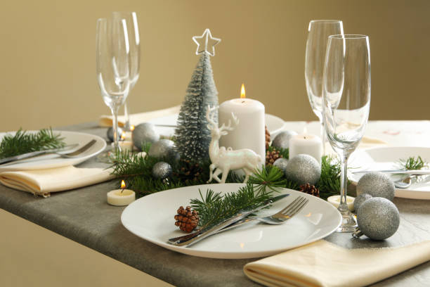 istock Concept of romantic New year table setting on gray table 1283893434