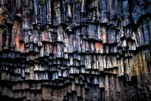 Svartifoss waterfall closeup of basalt rocks pattern in Skaftafell national park in Iceland cliff wall