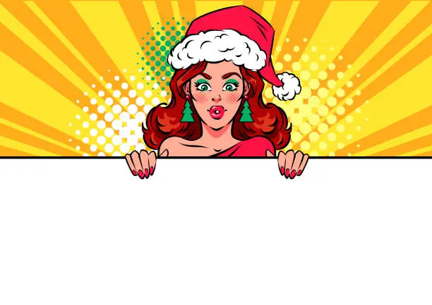 Vector illustration of Christmas poster with surprised pop art woman and empty space for text.