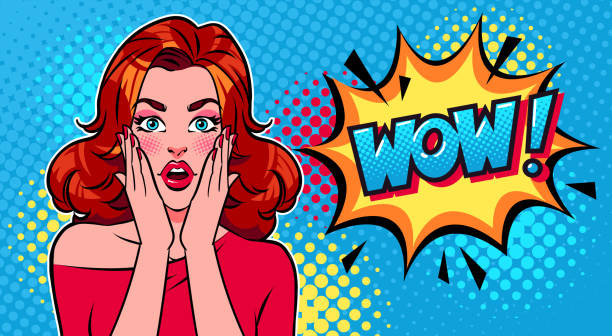 ilustrações de stock, clip art, desenhos animados e ícones de pop art poster in bright colors with surprised woman and comic wow speech bubble. - omg