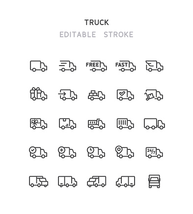 Set of delivery truck line vector icons. Editable stroke.