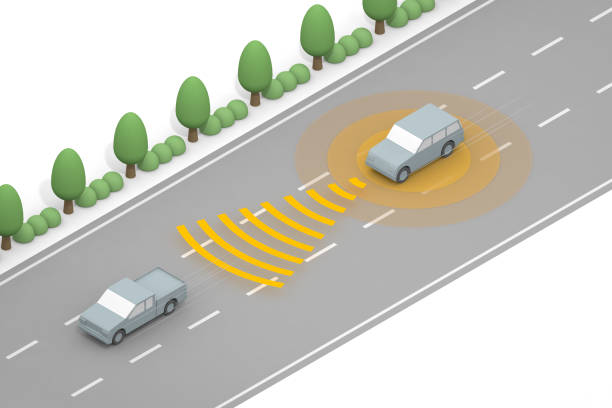 istock Three cars that run autonomously. Safe drive technology. Run at high speed. Sensor from the car. 1283897120