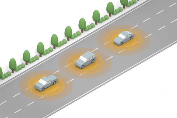 istock Three cars that run autonomously. Safe drive technology. Run at high speed. Sensor from the car. 1283897130