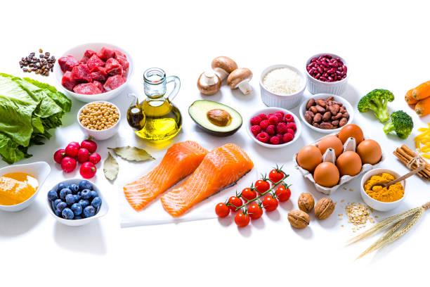 istock Assortment of various kinds of food types on withe background 1283897801