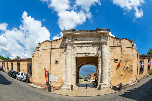 Santo Domingo: Puerta Carlos III, located at the entrance of the Ozama Fortress. It was built in 1797,during the reign of Carlos III by Don Manuel Gonzalez de Torres.