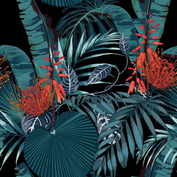 istock Tropical protea flowers seamless pattern with blue leaves. Exotic tropical night rainforest illustration, greeting card and fashion design. 1283898261
